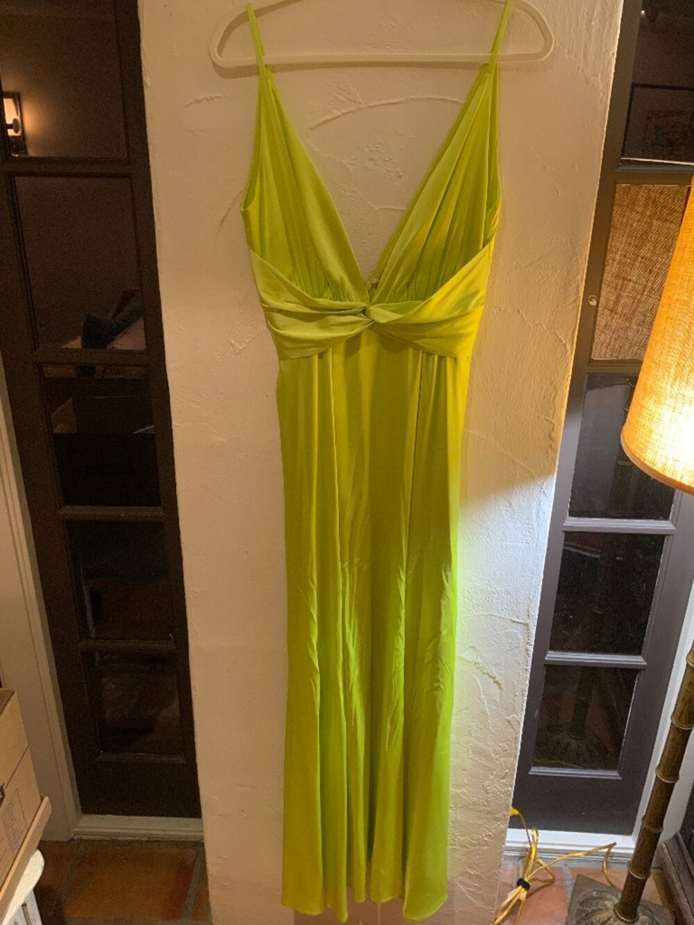Luxxel Neon Lime Plunging Maxi Dress Gown Size Small